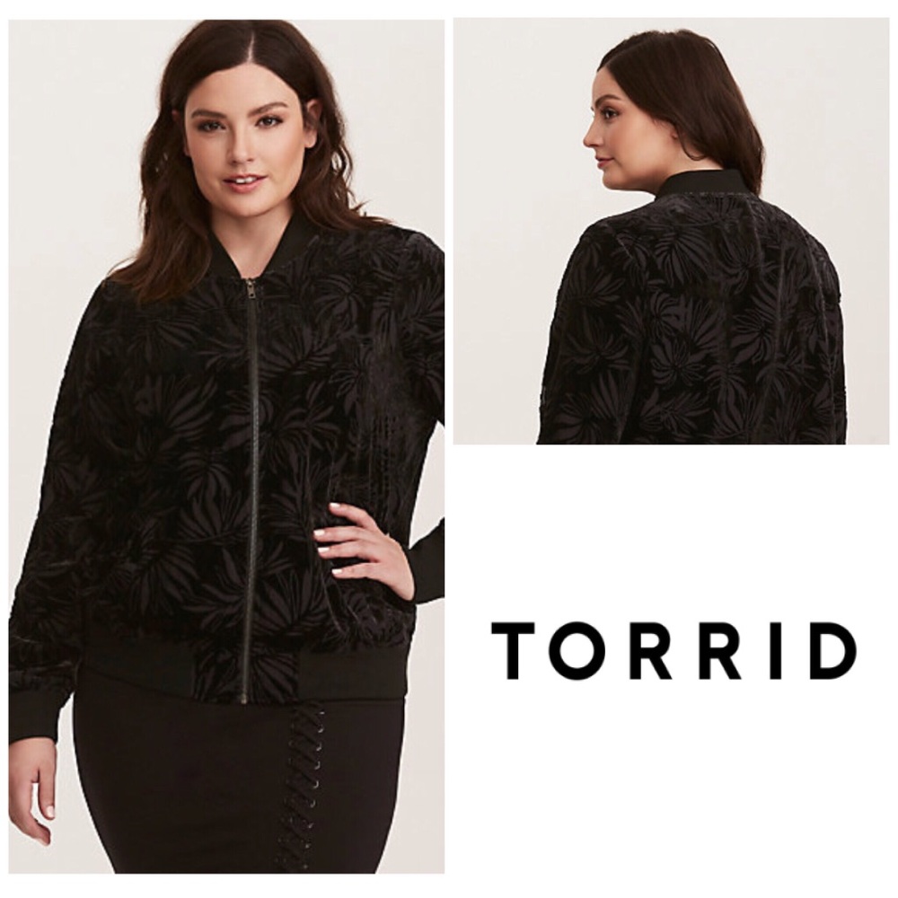Torrid Black Burnout Velvet Bomber Jacket